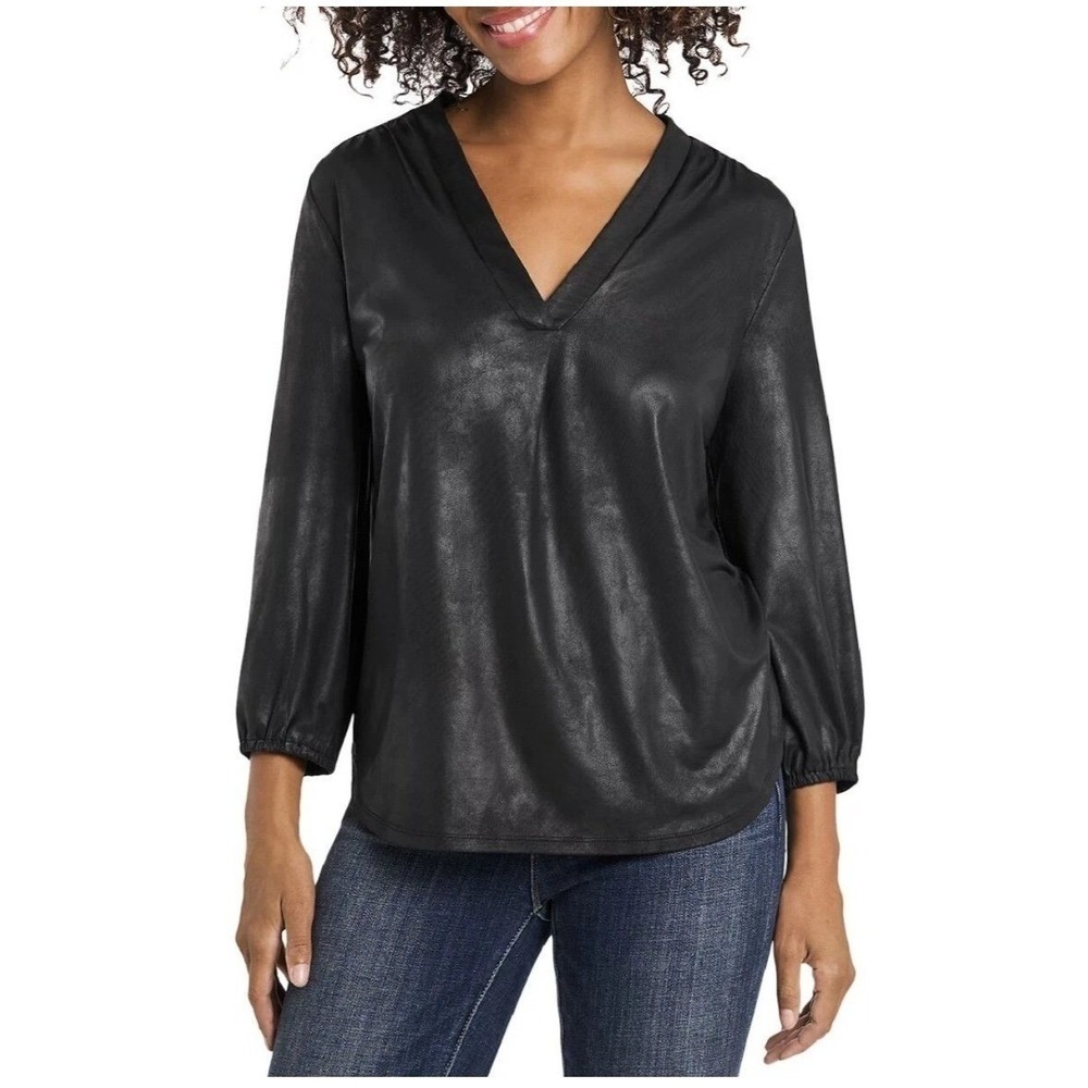Vince Camuto Blouse Size Medium Rich Black 3/4 Sleeve V-Neck Top